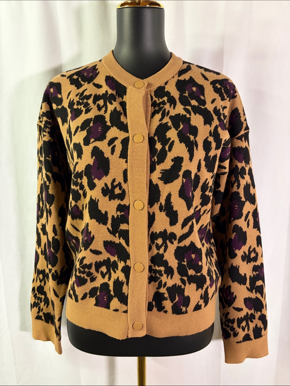 Nicole Miller Brown Black & Purple Animal Print Button Front Cardigan